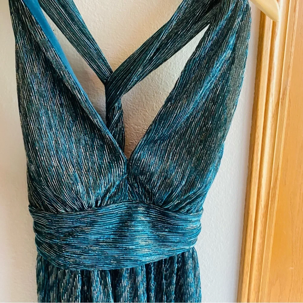 Lulus Ailey Halter Mini Dress Skater Style Twist Back Deep V Metallic Teal Sz M - Picture 9 of 9